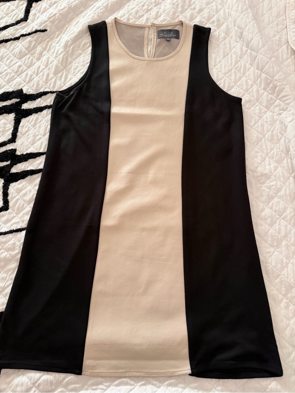 Patterson J. Kincaid Black & Cream Leather Color block Sleeveless Dress Medium
